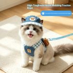 Cute Denim Pet Harness Leash and Hat Set, Adjustable No Pull Vest Harness with Bear Decor for Small Dogs & Cats